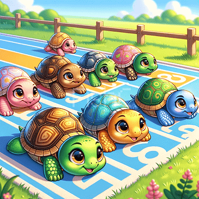 DALLE 2024-02-07 16.19.58 - Create an image of 8 adorable little turtles racin.png